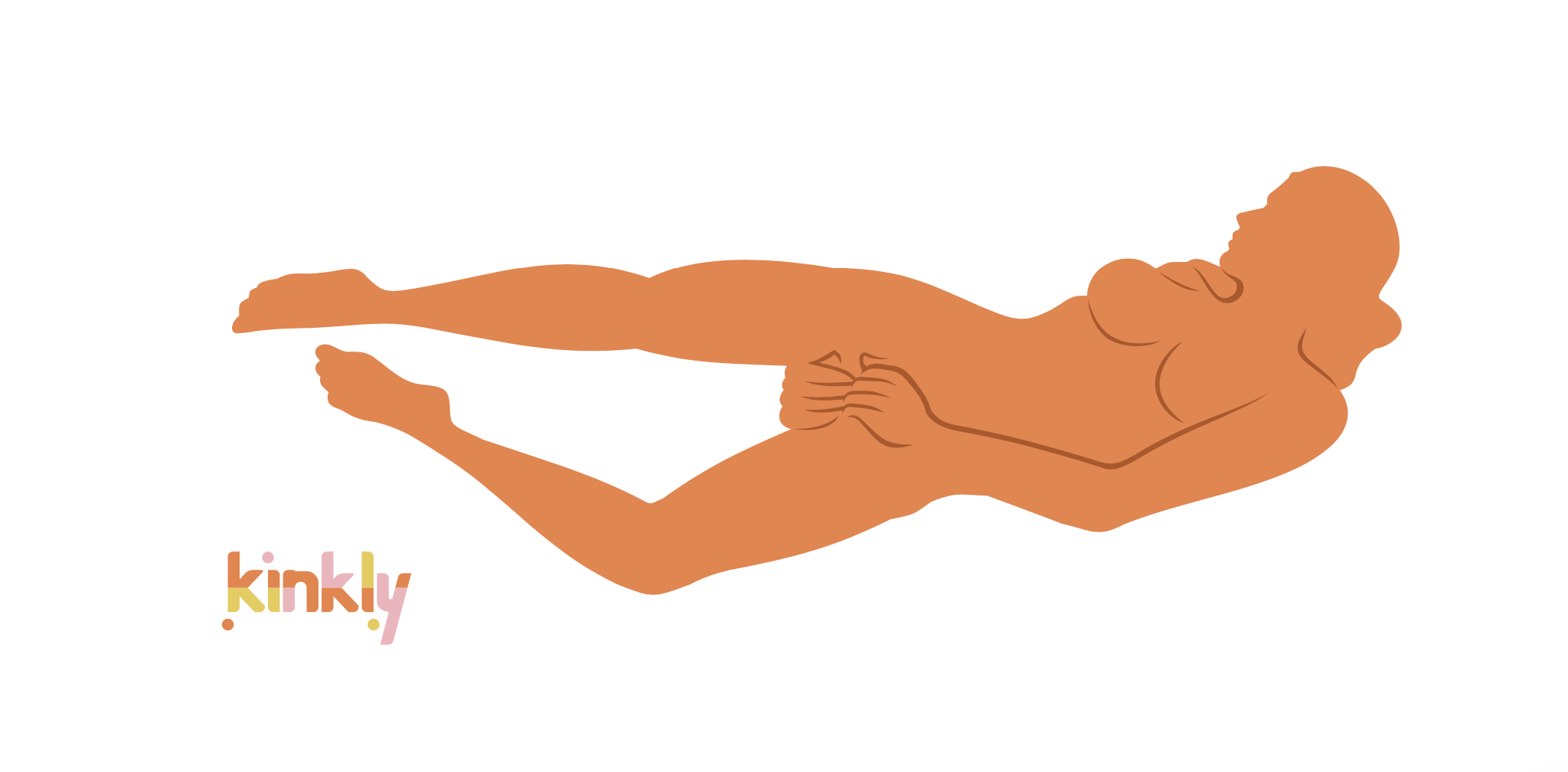 Illustrated sex position for the Go Horizontal sex position. A person lays on their back. Their legs are spread, and their legs are out flat. They have one hand touching between their legs from the front and the other hand touches between their legs from behind. 