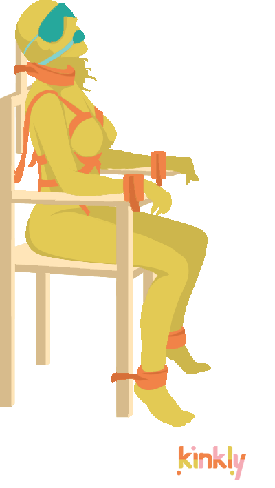 Chair Bondage Sex Position: Person sitting in a chair is bound by ankles, wrist and throat and is wearing a blinfold and gag