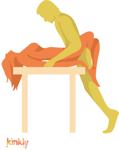 Desk Domination Position. The receiving partner lays down flat on a desk with their hips at the edge of the desk. The penetrating partner stands between the receiving partner's thighs and pushes inside. 