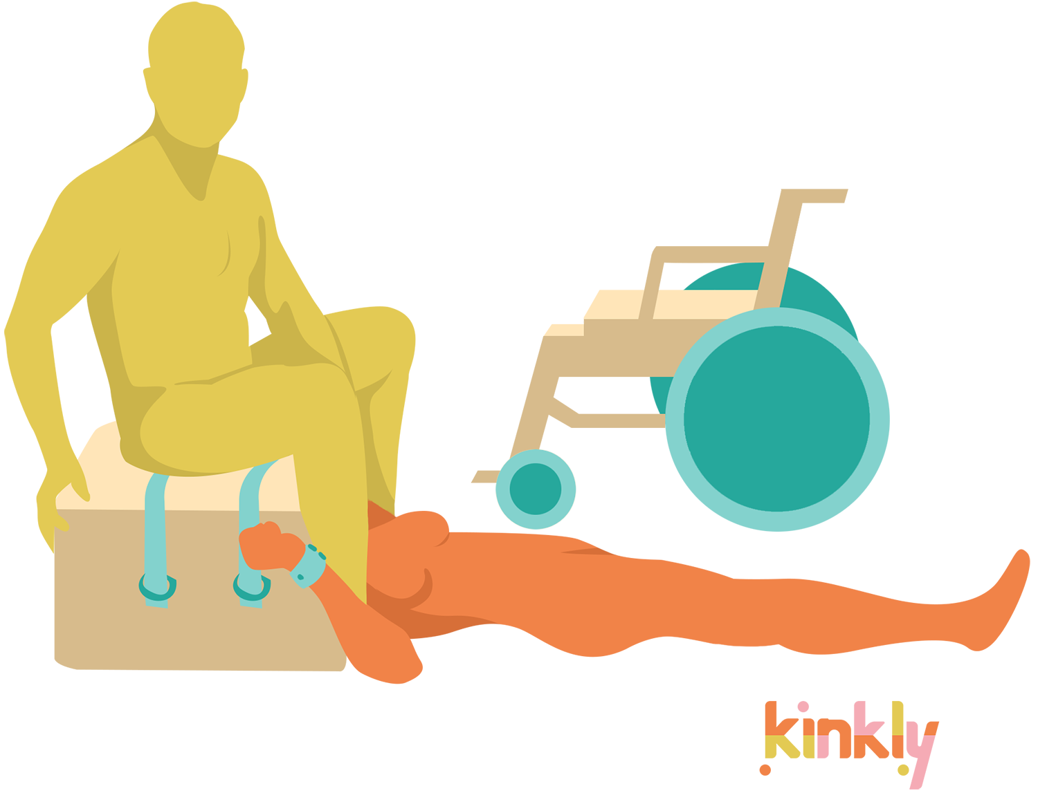 A person sits on the XR Brands Queening Chair while their partner lays underneath the queening chair. Someone's wheelchair is in the background. Either person could use the Queening Chair while still being wheelchair bound. From the angle the person sitting on top of the Queening chair sitting, it looks like they are being rimmed. | Kinkly Shop