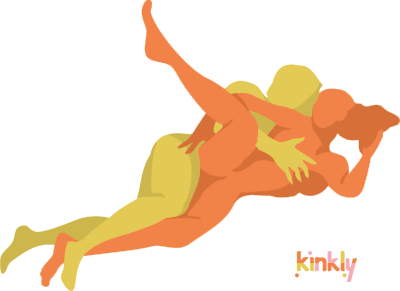 Binding Spoon sex position. The receiving partner and penetrating partner are both laying on their sides in a spooning position. The receiving partner, in front, has their leg thrown backwards overtop of the penetrating partner's hip. | Kinkly