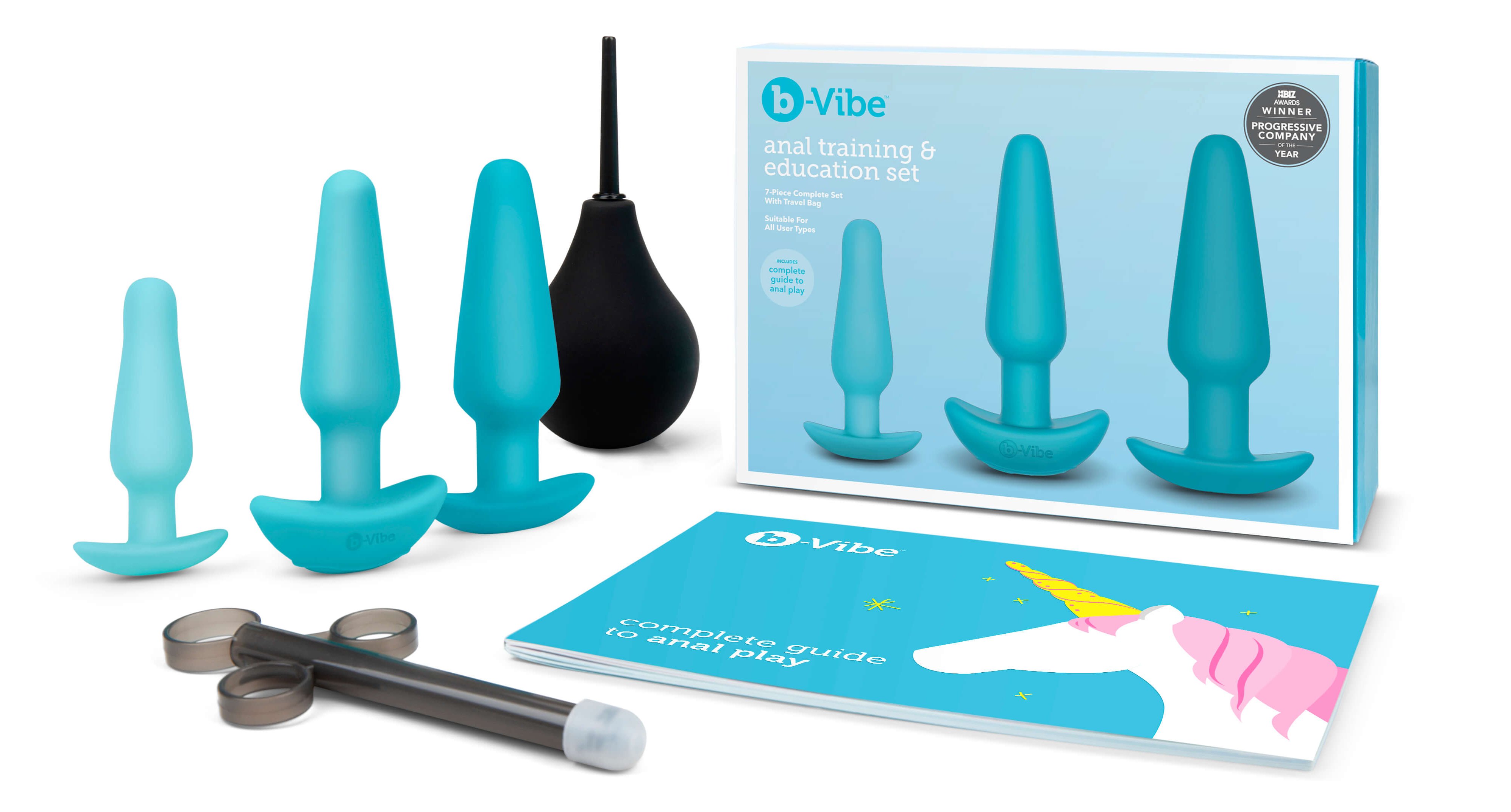 Everything that's included within the b-Vibe Anal Training Kit against a white background. The image shows the small plug, the medium plug, the large plug, the enema bulb, the lube shooter, and the full-color educational booklet. Plus the packaging! | Kinkly Shop