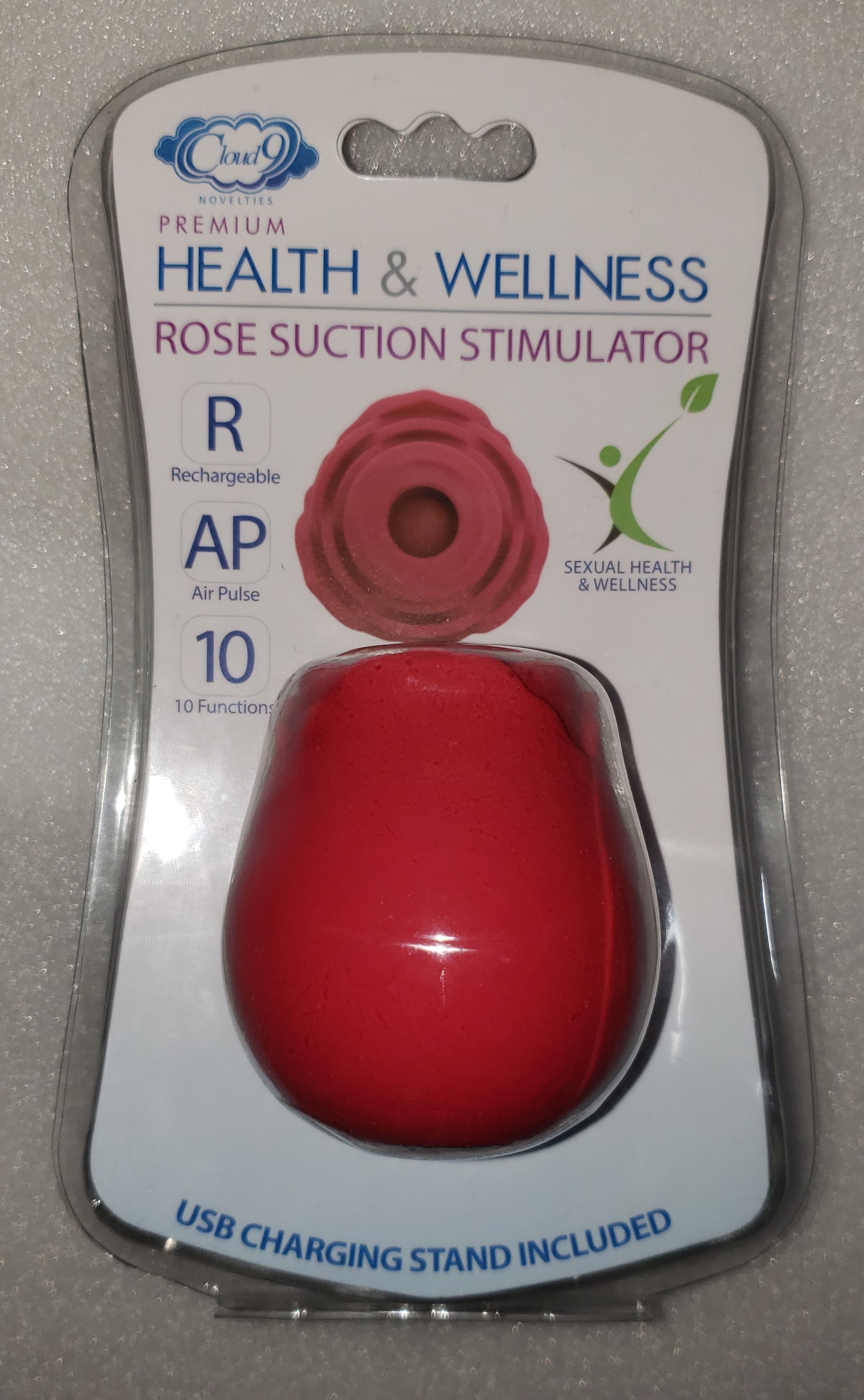 The Rose Suction Stimulator: Photo of the rose toy in clear plastic clamshell packaging. The text on the package reads "Health & Wellness Rose Suction Stimulator" in large block letters.