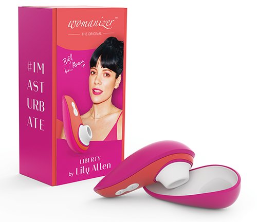 The Womanizer Liberty: A neon pink box with a small suction vibrator toy next to it. The toy is the same colour as the box and is made up of a blunt oval-shaped handle with a white suction cup at the end for clitoral stimulation.