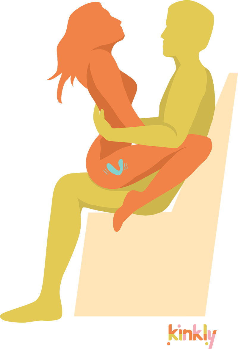 Love Set Sex Position: The receiving partner sits on the penetrating partner's lap, facing them, with their legs bent. The penetrating partner sits with their back to a chair or sofa.