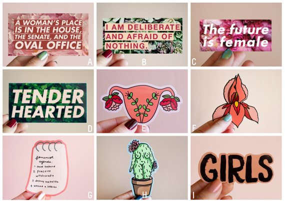 variety of feminist stickers