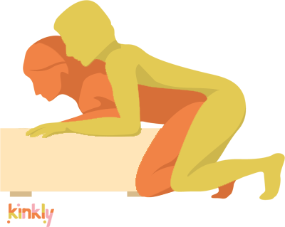 Magic Mountain Position. The receiving partner leans forward onto a stack of pillows (or, as pictured, a foot rest). The penetrating partner wraps their body around the receiving partner for full skin-on-skin contact during intercourse. 