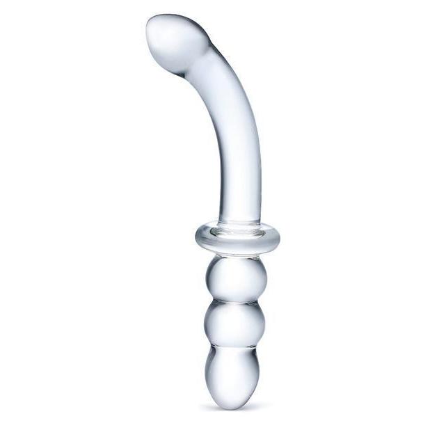 The Glass Ribbed G-Spot: An eight-inch glass dildo with a ribbed handle for easy gripping and a shaft curving to the left.