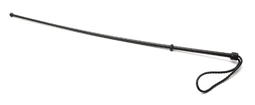 The 665 Agony Cane: A long, thin, black rod with a black rope handle on one end.