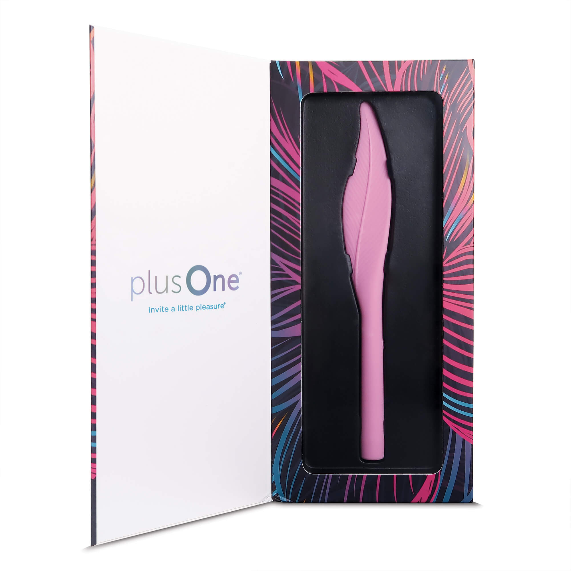 plusOne vibrating feather tickler in packaging