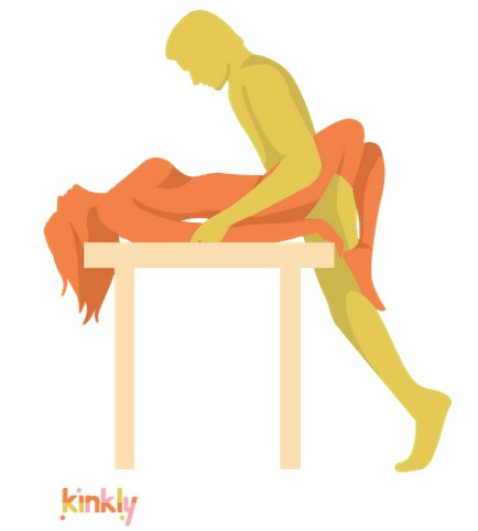 Desk Domination Position. The receiving partner lays down flat on a desk with their hips at the edge of the desk. The penetrating partner stands between the receiving partner's thighs and pushes inside. 