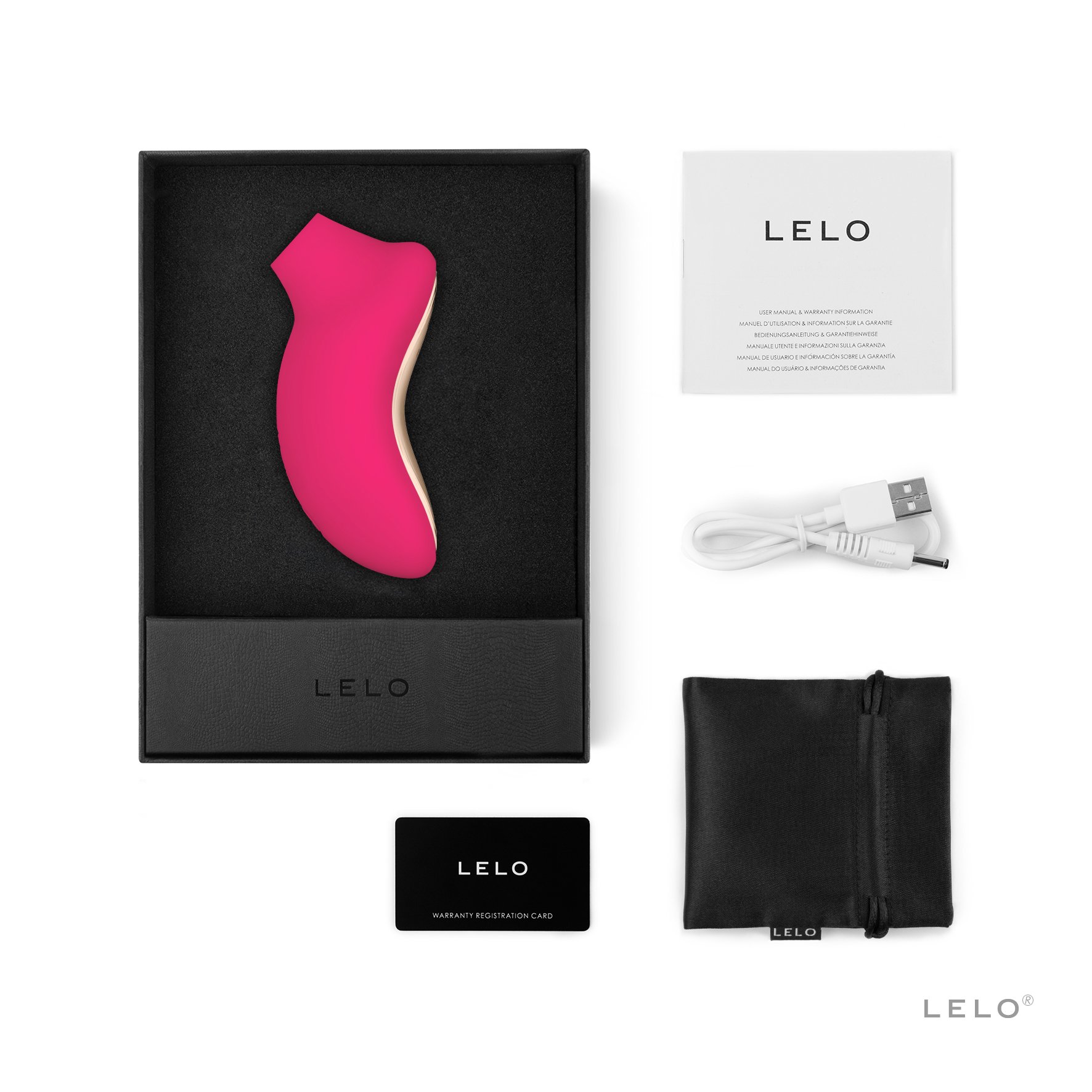 LELO SONA 2 Cruise vibrator in box with instruction manual, charging cable, storage bag, and warranty card