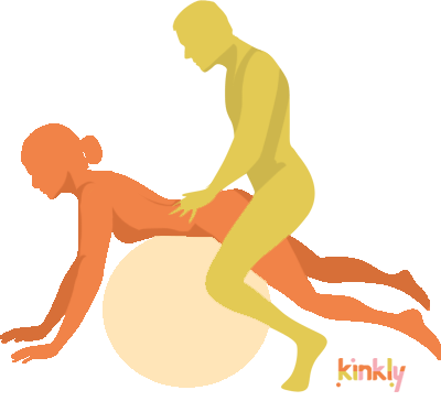 Jockey Sex Position. The receiving partner is laying, face down, on top of an inflatable fitness ball. The penetrating partner is standing next to the fitness ball, squatting down, while straddling their partner's hips.