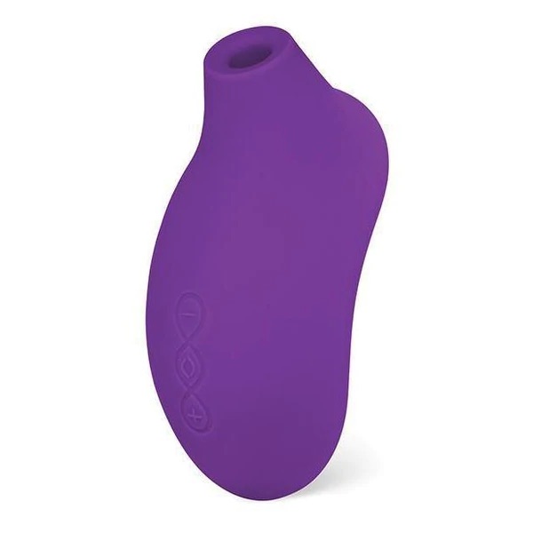 The LELO Sona 2 Cruise: A purple suction vibrator with a large, wide oval-shaped handle for easy grip and three tactile buttons down the front: one to turn the vibrator on, one to increase intensity and one to decrease intensity. The top of the vibrator features a short tube with a circular end to latch on to the clitoris for stimulation.