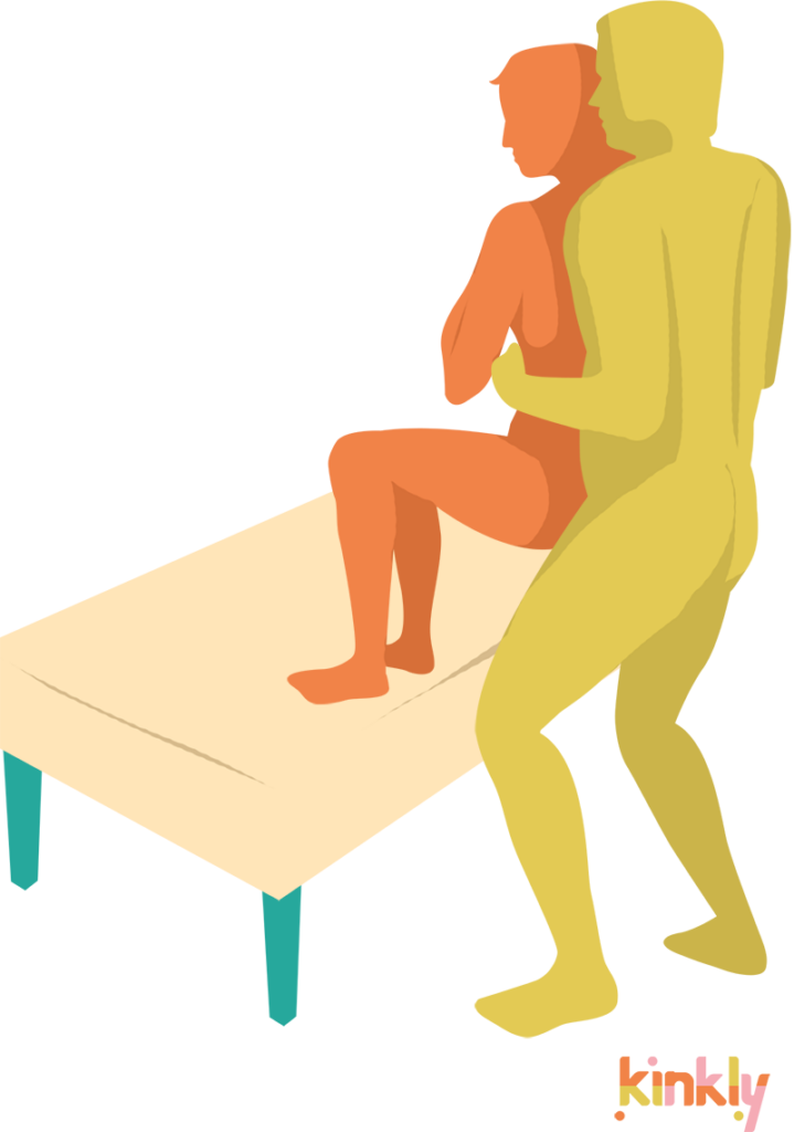 Booster Seat sex position. The penetrating partner is standing next to a low table or ottoman. The giving partner then stands on top of the object with bent knees and leaning into the standing partner. The knees are bent enough to achieve penetration.