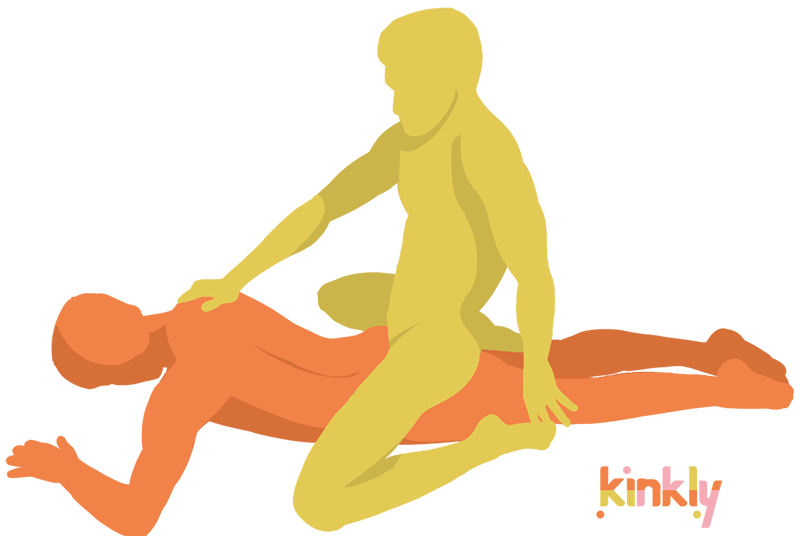 The receiving partner is laying flat on a surface, face-down. The receiving partner climbs on top of the partner's butt for penetration while straddling the hips. 
