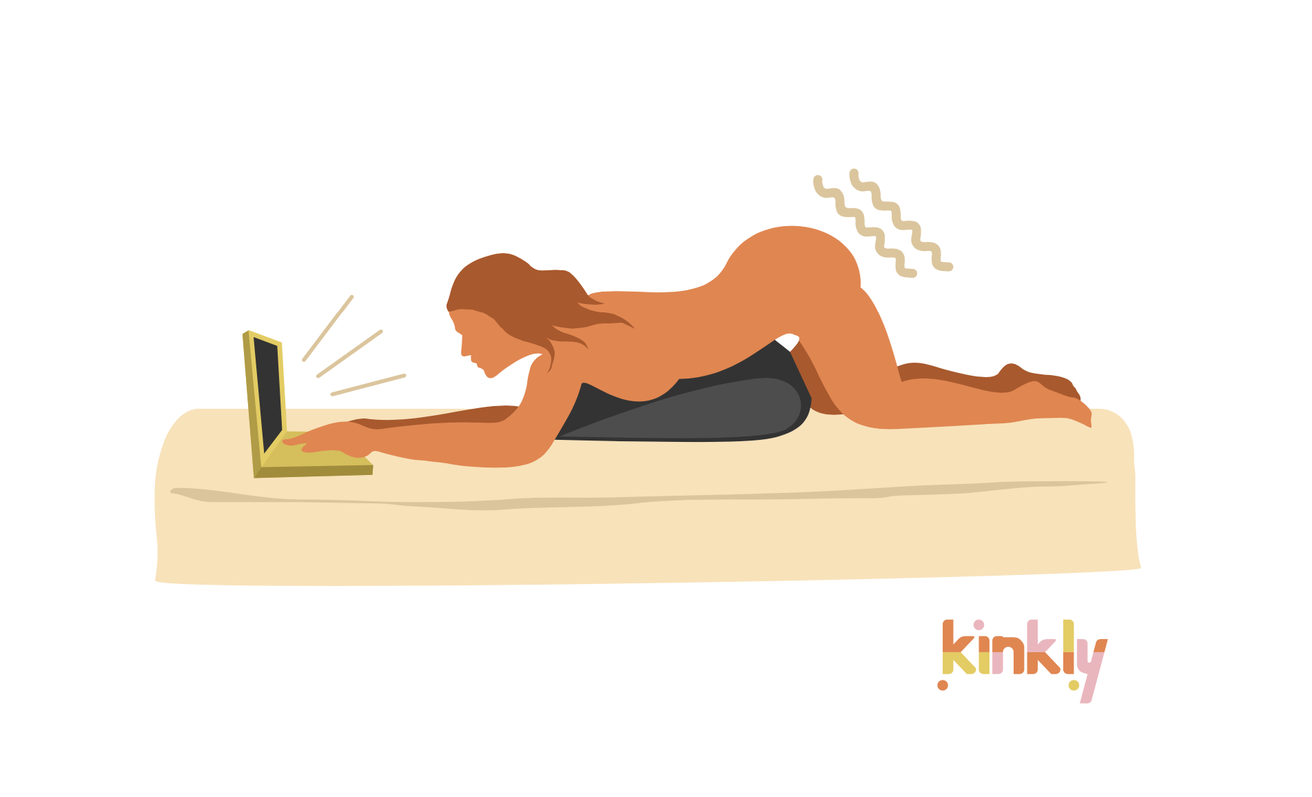 Illustrated sex position for the Tabbed Browser position. The person is laying on their tummy with their hips elevated by laying on top of a Liberator Axis. The Axis is holding a wand massager between the thighs for stimulation while the person uses their free two hands to use a laptop laying in front of them.