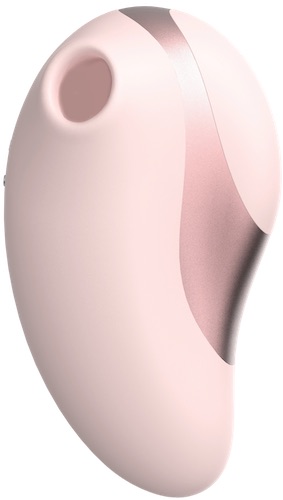 The Bellesa Buzzfeed Pebble: An oval-shaped light pink suction vibrator with metallic accents and a slightly pointed handle end. The vibrator's head features a circular suction cup for clitoral stimulation.