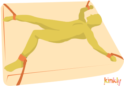 Spread Eagle Bondage Sex Position: A person lies back-down on a mattress with their arms and legs restrained by cuffs attached to each of the mattress' four corners.