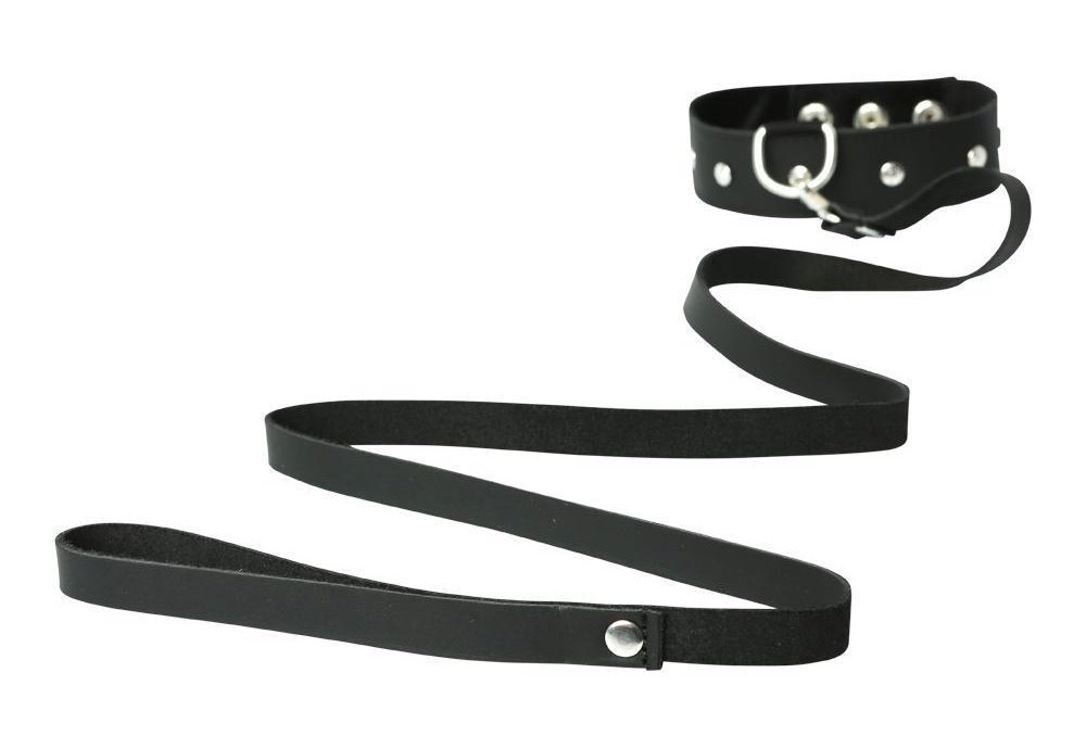 The Sportsheets Leather Leash and Collar: A black collar with rounded silver metal studs is attached via a metal hook to a black leather leash.