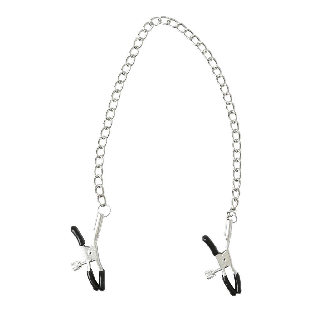 The Sportsheets Chained Nipple Clamps: two small metal clamps with black silicone coatings are attached via a silver chain link. Each clamp is equipped with a miniature dial for adjustment.