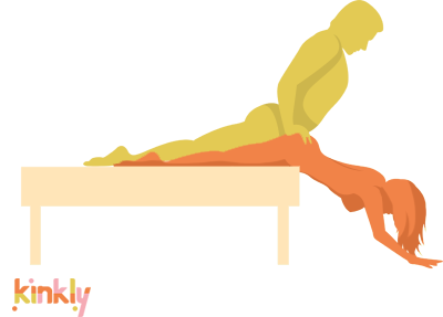 Headlong Sex Position. The receiving partner lies with everything below their hips on top of a flat, supportive surface. The penetrating partner climbs on top to penetrate their partner from behind. 