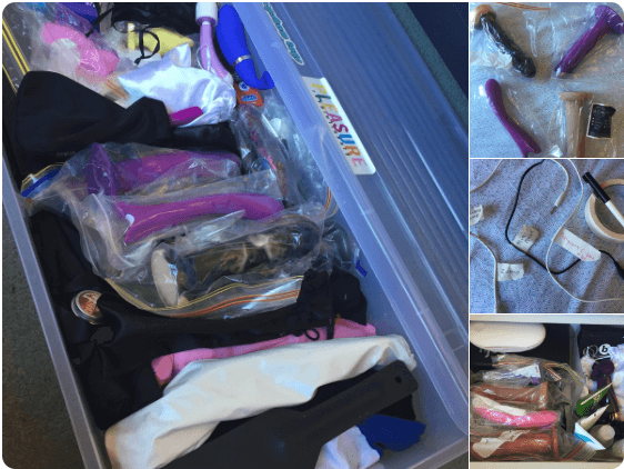 sex toys in bags in a storage bin