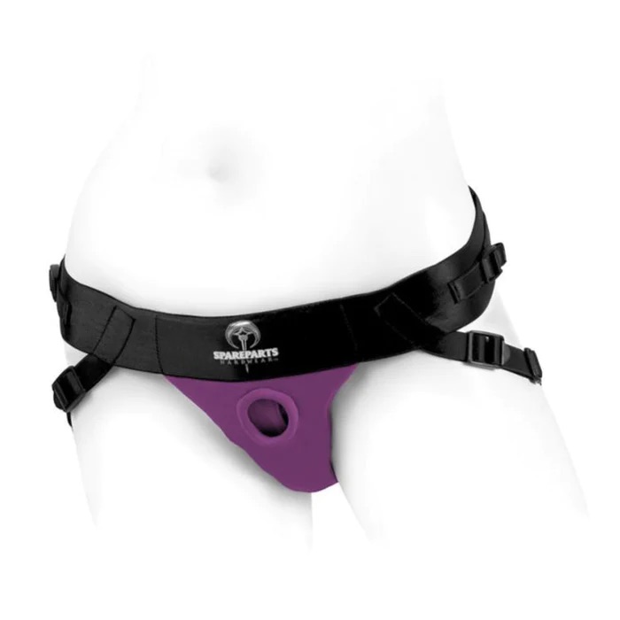 SpareParts Joque: A strap-on harness with a black waistband and purple fabric between the legs, with a ring to attach a dildo.