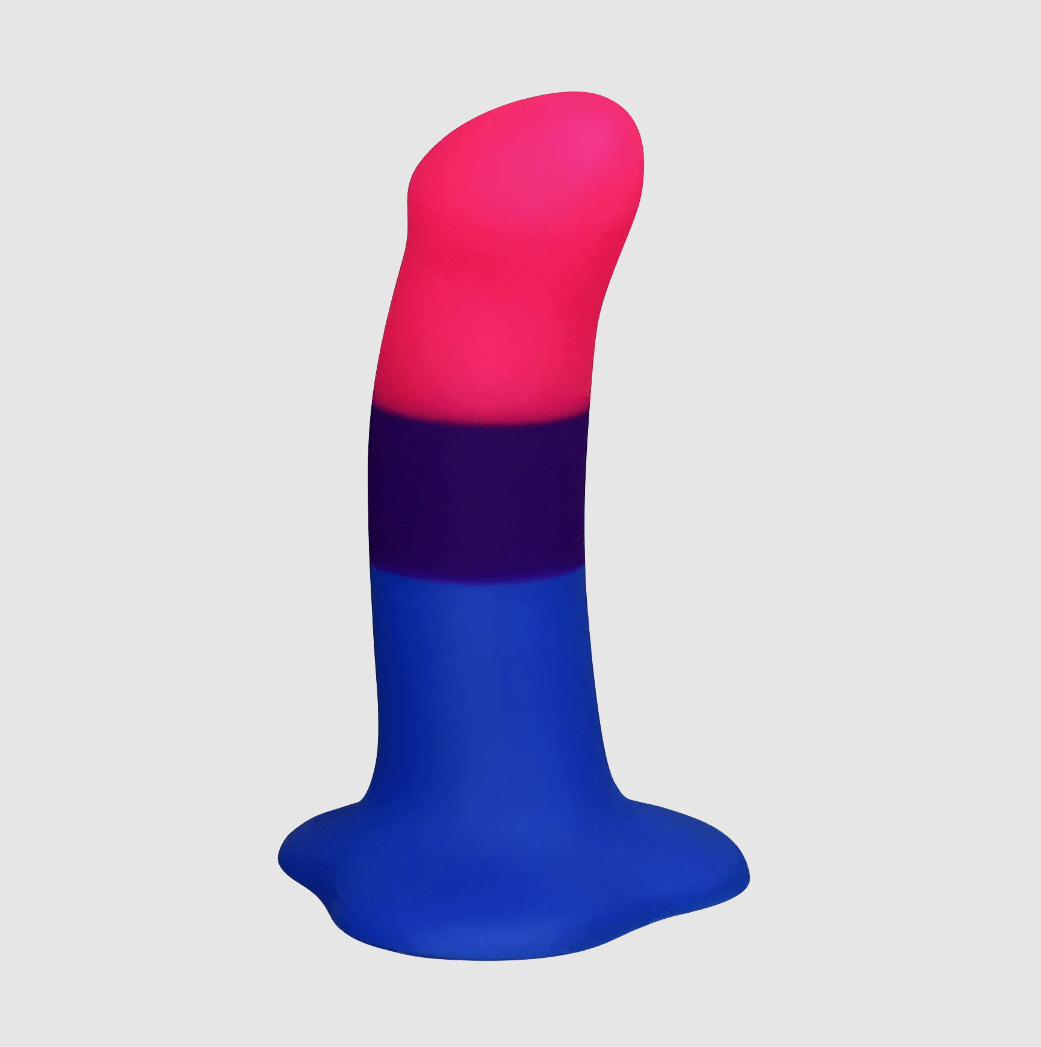Fun Factory Bi-Amor dildo. A tri-color dildo in royal blue, navy and pink