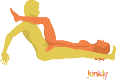 The Deckchair Position: The penetrating partner sits on their hips while leaning back to support themselves with their arms. The receiving partner lies flat on their back with their legs overtop of each of the penetrating partner's shoulders for penetration.