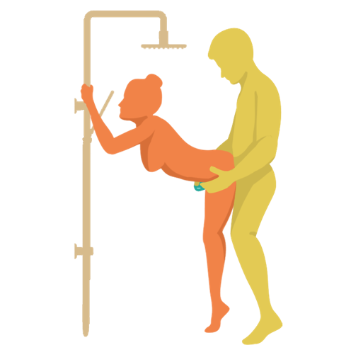 The Soaking Wet Doggy position: The receptive partner stands, bending over, facing a shower head and holding onto it for stability while the insertive partner penetrates them from behind. The insertive partner is holding onto the receptive partner's hips for leverage and is using a sex toy to stimulate the receptive partner's genitals.