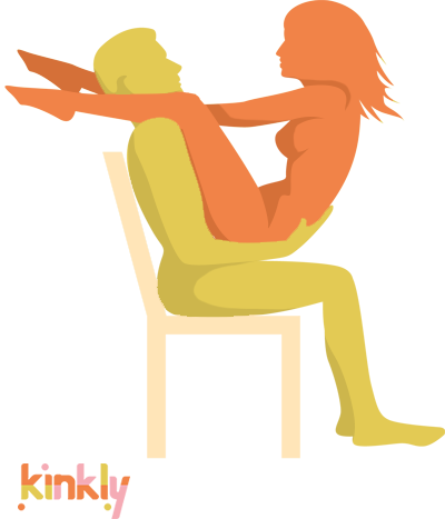 Edge of Heaven Sex Position. Penetrating partner is seated on a chair with receiving partner on their lap. Receiving partner has legs over penetrating partner's shoulders.