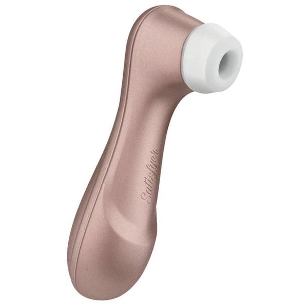The Satisfyer Pro 2: A light pink metallic wand-shaped vibrator with a long thin handle and a wide head featuring a circular white suction cup for clitoral stimulation. The handle features a tactile Satisfyer logo composed of the word "Satisfyer" in cursive font. 