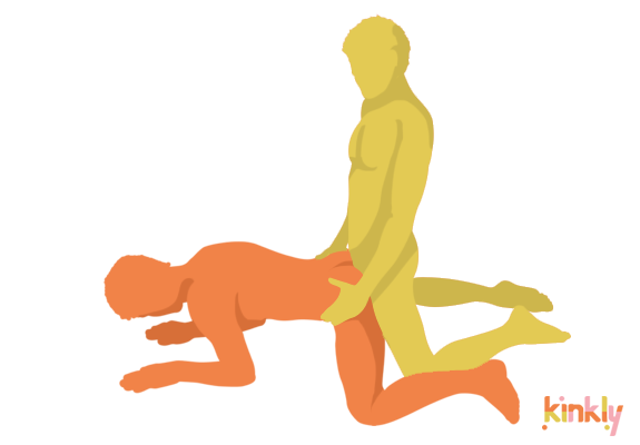 Backdoor Position. The receiving partner is on all fours with their legs spread. The penetrating partner comes in between their spread legs and penetrates their partner from behind. 