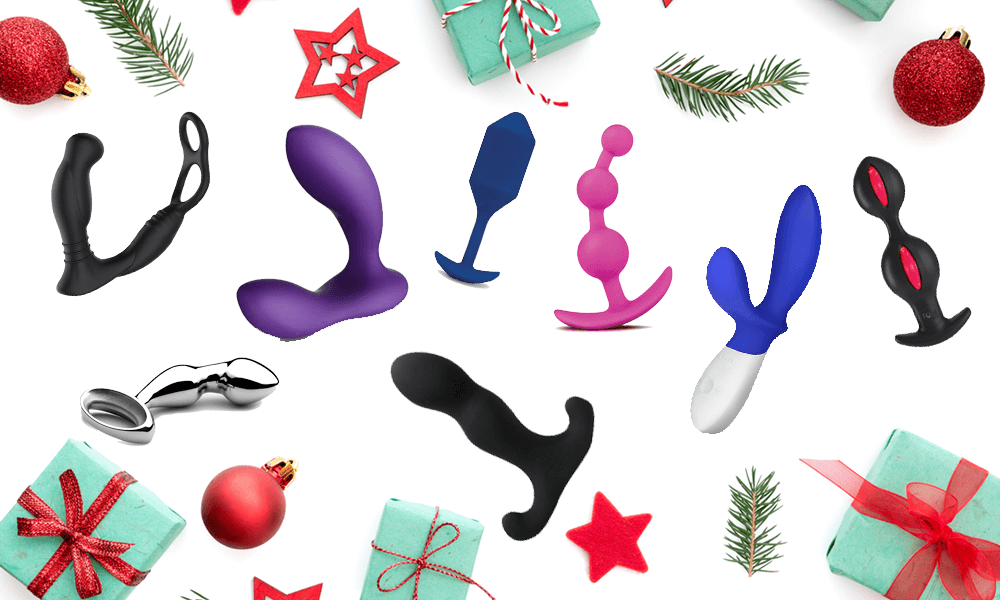 collection of anal sex toys with wrapped gifts and ornaments