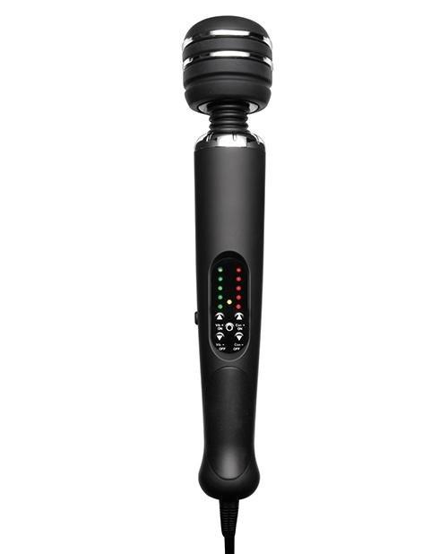 The Zeus Arcana Electro Wand: A blank wand massager with a black handle and wide, round black head featuring a panel in the center of the handle with buttons to control the electrostimulation.