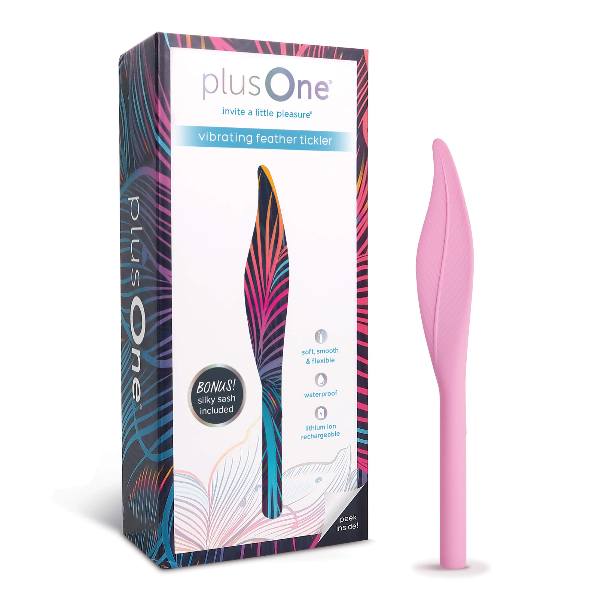 plusOne vibrating feather tickler next to packaging