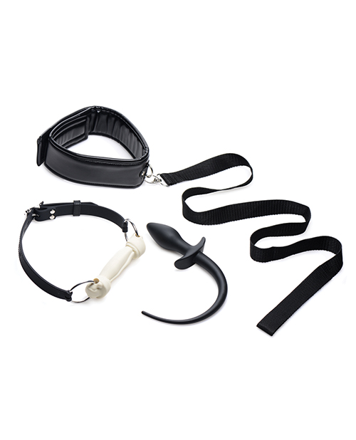 Puppy play set including bone-shaped gag, butt plug with tail and collar with leash