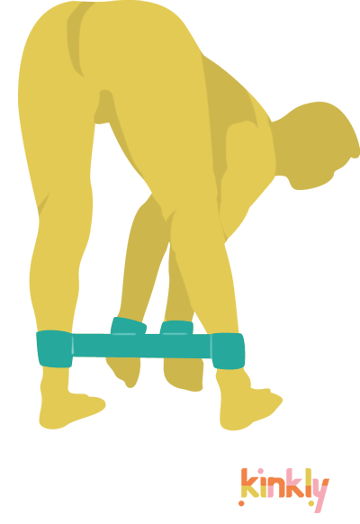Bent Over Bondage Position. Person standing, bent over with wrists bound to ankles.