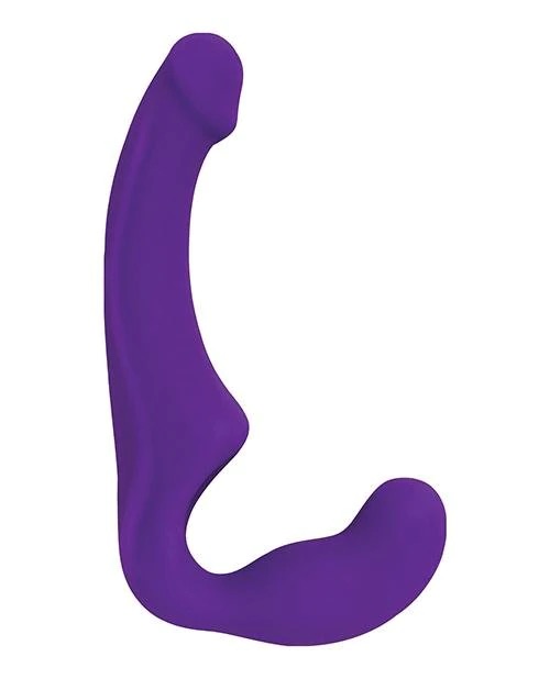 The Fun Factory Share: A dual-ended purple dildo with a standard dildo on one end and a shorter insertable end at the other.