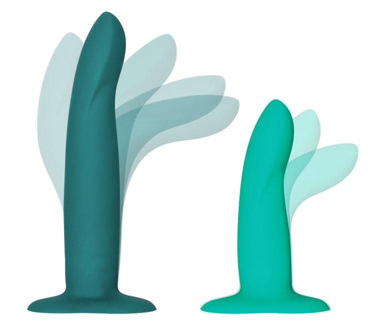 The Fun Factory Limba Flex: Two silicone dildos of varying lengths next to each other. The dildo on the left is longer and dark teal in color; and the dildo on the right is shorter and neon teal in color. Both dildos are surrounded by shadows of themselves to illustrate their ability to bend.