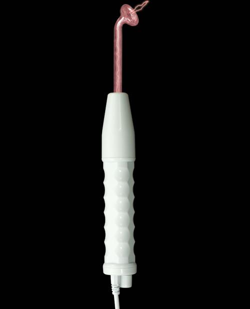A Kinklab Neon Wand: A baton-like electrostimulation toy featuring a long white textured handle and a pink glass electrode protruding out from the handle's end. Electrostimulation is delivered via the pink electrode.