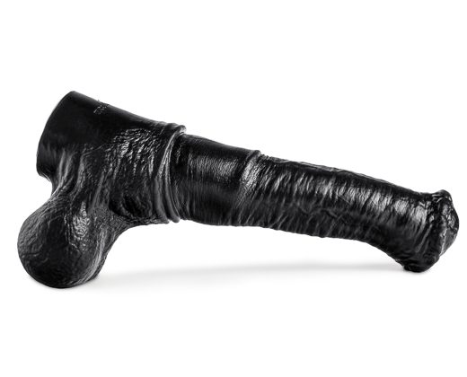 A side view of a black horse cock dildo from Mr Hankey's