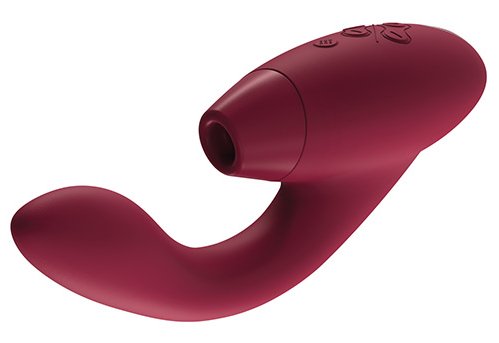 The Womanizer Duo: A rabbit vibrator with suction capabilities featuring a long phallic end for g-spot stimulation and a blunt end with a suction cup at the tip for clitoral stimulation.