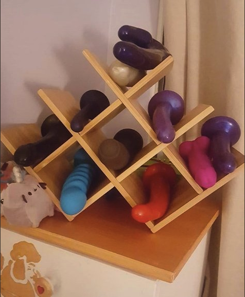 wine rack full of dildos, with plush Pusheen looking on