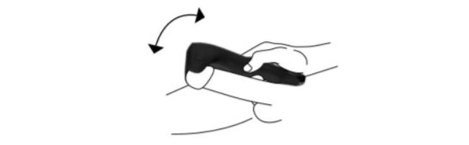 Illustrated image of a penis being used with a Satisfyer Men Wand. It shows the Men Wand being laid alongside the penis by a hand. An arrow shows that a swirling motion with the Men Wand may feel good. | Kinkly Shop
