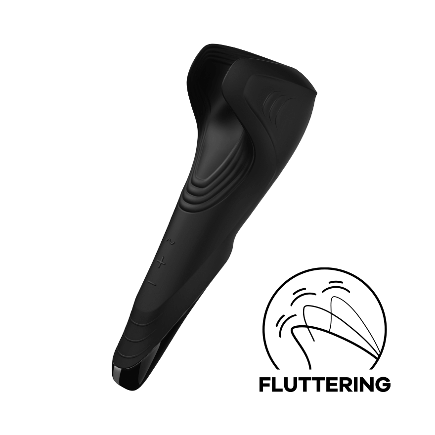 The Satisfyer Men Wand at an angle. This angled shot clearly shows off the area of interior, textured ribbing designed for penis pleasure. It also is the clearest angle showing off the three control buttons on the shaft for the vibrations. It has a Plus, Minus, and Patterns button to easily control the penis vibrator options. A small badge in the corner says "Fluttering". | Kinkly Shop